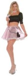 Sexy 50s costume includes satin top, sacrf, pink poodle skirt with attached lace petticoat skirt.