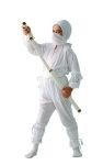 This Ninja costume includes white shirt with hood, pants, sash and scarf. Weapons not included.
