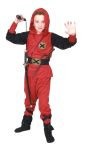 Red Ninja Ranger costume includes hooded top with shirt, foamed belt, pants with black straps.