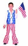 Patriotic Hero costume includes bell bottom red and white striped pants with elastic waist. Blue-starred vest. Does not include undershirt or flag. 100% cotton.