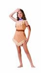 Native American girl costume includes fringed dress, blue necklace, contrasting fabric self-tie belt and arm ties. Costume has a see-through netting on upper front and single tie in the back, at the neck.