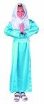 Virgin Mary costume for child is a blue satin tunic with a cord tie and a white scarf for the headpiece veil. Long sleeves.