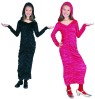 Gothic dress includes hooded dress with trim. Available in black and red colors.