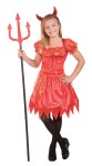 Glitter Devil Child Costume - Includes laced-up dress with tulle skirt, sequin devil horns, and necklace. Made of chinz fabric.