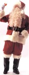 Deluxe Velvet Santa Suit - Made of fine quality red velvet with luxurious, long hair, white plush trim. Suit includes: Zipper coat with belt loops and lengthened coat border, pants with side pocket, hat, naugahyde belt and loop, naugahyde boot tops with long fake fur plush and whit