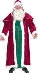 Victorian Santa Adult Costume - Velvet cape and caplet with long hair border and trimmed in gold. Partially satin lined. Short sleeve green satin tunic trimmed in gold with gold colored rope belt. One size fits most adults (42-50).