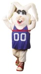 Sebastian Rabbit Mascot Adult Costume - White acrylic faux fur jumpsuit with matching mitts, feet, and oversized head. Also includes jersey. One size fits most adults.