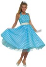Summer Daze 50s Adult Costume - Blue halter dress with white polka dots, crinoline, and white belt. One size adult.