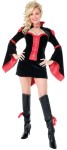 Playboy Vamptease Adult Costume - Features velvet dress with red satin trim, back lacing,  bell shaped sleeves, and vampire inspired collar with  jeweled Playboy Rabbit Head closure. 