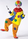 The ultimate clown suit! Colorful pullover top with pom-poms, baggy strip pants and collar. One size fits most.