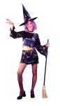 Little Witch Teen Costume - Includes: Iridescent foil stamp spider web pattern mini skirt, midriff top, choker and witch hat. Junior sizes 0-9