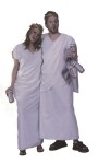 His or her toga costumes includes a white robe, shoulder drape, and gold leaf headpiece. This unisex costume will fit most adults, including those who normally wear plus size.