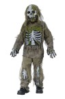 Skeleton Zombie Child Costume - Straight out of a cold, damp grave! Long sleeve shirt and pants with tattered gauze detailing, gloves, latex chest piece and leg bones attached. 
