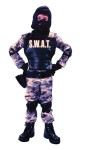 Includes: Camouflage jumpsuit, commando hood with eye protector, 4 piece S.W.A.T. vest, gloves, elbow pads and knee pads.