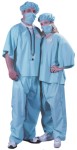Our Adult Doctor costume scrub pants and top, cap, mask, patch, and stethescope. One size fits upto 200 lbs