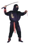 Hooded shirt with printed gold dragon, fabric veil mask, pants with elastic waist, extra long red sash, ankle ties and wrist ties. One size.
