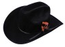 Black felt cowboy hat with tie around band and accenting feather.