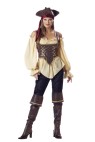 Rustic Pirate Lady Adult Costume - Gold trimmed embossed vinyl corset, gauze blouse, pants, bandana, gold trimmed boot tops and hat. Large fits bust 37-39.5, waist 29-31.5, and hips 39.5-42; Medium fits bust 35-36.5, waist 27-28.5, and hips 37.5-39; Small fits bust 33-34.5, waist 25-26.5, and hips 35.5-37; X-large fits bust 40-43, waist 32-35, and hips 42.5-45.5.