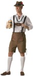 Oktoberfest Guy Costume includes deluxe ultra-suede lederhosen with lacing detail and vinyl suspenders, pullover shirt with lace-up collar and jacquard trim, matching hat with feather, and knee socks. Beer stein not included. Sizes : Large fits chest 42-44 and waist 36-38, Medium fits chest 38-40 and waist 32-34 &amp; XL chest 46-48 amd waist 40-42.
