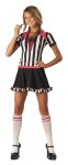 Racy Refree Costume includes one piece dress with black skirt and black and white striped top with pink accents and lace-up collar and matching knee high socks. 