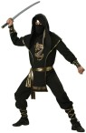 Ninja Warrior Costume includes shirt and pants with gold ties on cuffs, hooded tunic with gold dragon emblem, face mask headband, and waist sash. Sword not included. X-large fits chest 46-48 and waist 40-42, Large&nbsp; fits chest 42-44 and waist 36-38 &amp; Medium fits chest 38-40 and waist 32-34.