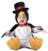 Dont let this litte bird get chilly. Lil Penguin Character Costume includes zippered body suit with bowtie and snap leg closure, attached tail, slip-on skid resistant booties, and hood with top hat. Booties intended for indoor use only. 