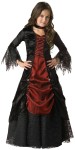 Gothic Vampira Child Costume - Full length lace-trimmed panne and shimmer satin gown, jeweled choker and tulle/lace petticoat. Size Large fits waist 23-23.5 and height 52-53; Size Medium fits waist 22-22.5 and height 45-46.