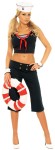 First Mate Costume includes blue capri pants, top with striped sailor collar, scarf, white cuffs, and hat with anchor accent. 