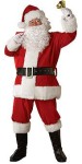 Lined jacket with zipper front and belt loops, pants with pockets, hat, gloves, belt with 3 x 5 buckle and boot tops. Santa Suit and hat are trimmed in faux fur.  Wig and Beard sold separately.