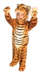 Brown tiger with plush fully screen printed black striped jumpsuit, matching gloves and feet, fully detailed hood and realistic eyes. 