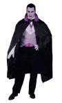 This Classic Vampire costume includes: Black polyester cape (56) with stand-up collar, Gray tuxedo vest with buttons, Black satin bow tie, vampire medallion, White theatrical gloves and a satin cummerbund. 